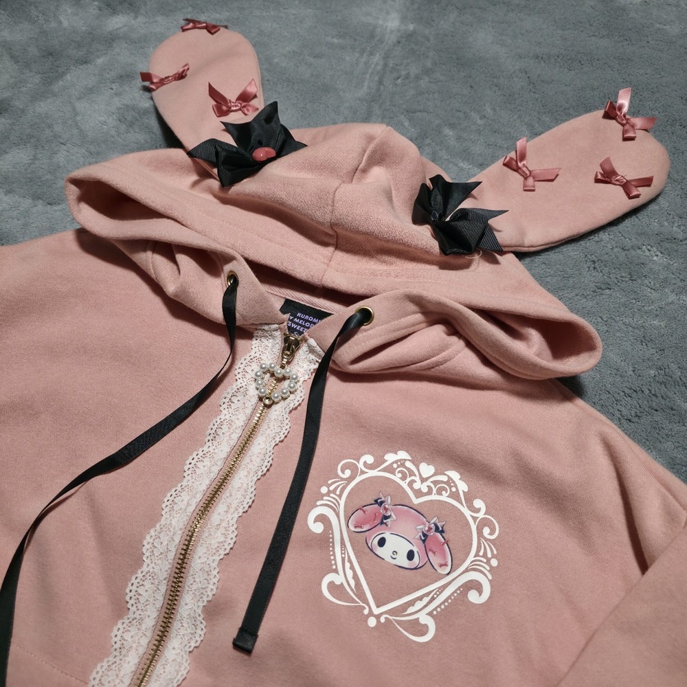 My Melody Lace Ribbon Girls Crop 3-D Ears Hoodie Small / Medium SANRIO *Flaws